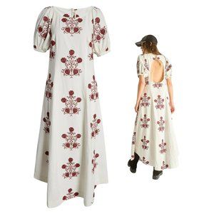 Free People NWT Backless Maxi Dress Embroidered Puff Sleeve Backless Large